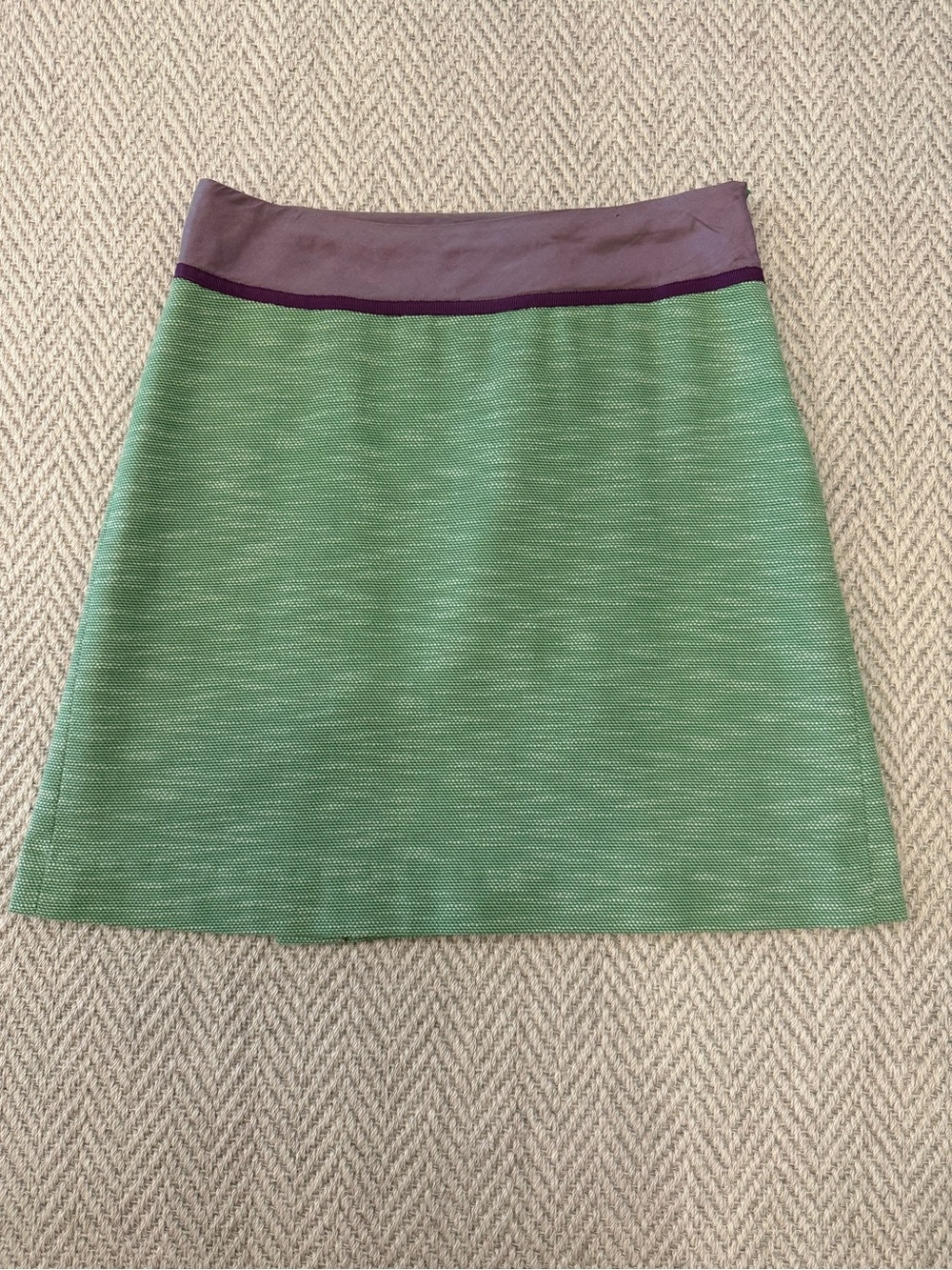 Piazza Sempione Green A-Line Skirt with Lavender Waistband and Purple Trim